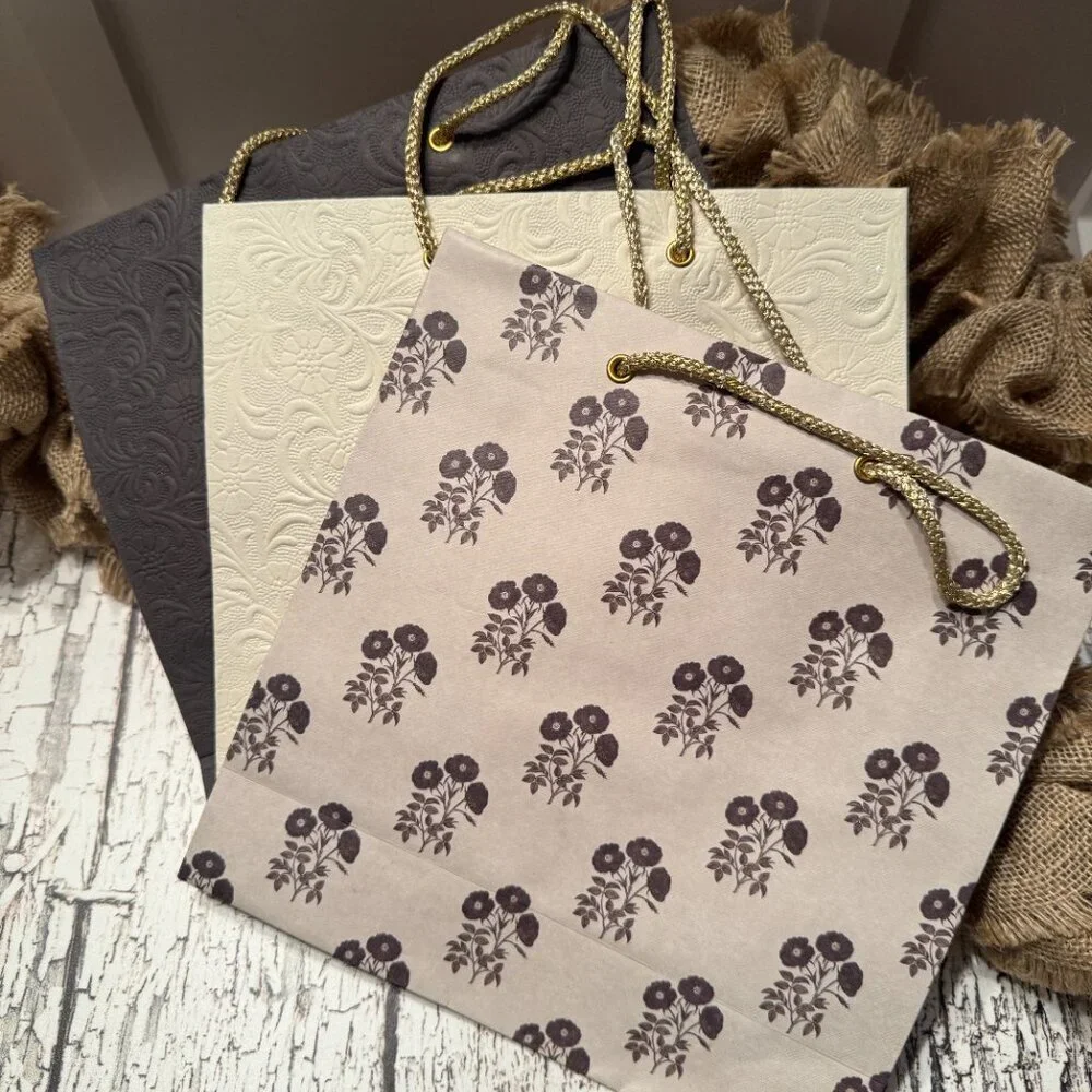 Natural Fiber Large Gift Bags Cream Black Gray Floral Set of 3